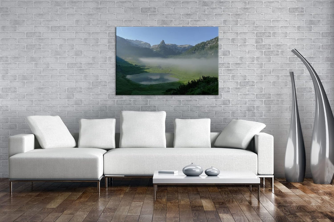 Funtensee im Nebel im Format: 80x60 als Leinwandbild, Motiv fertig gerahmt auf Echtholzrahmen, Hochw