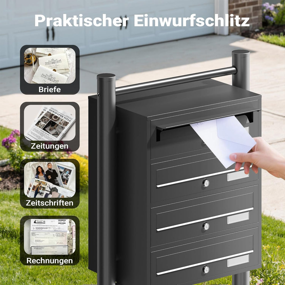 Wiltec 4er Briefkastenanlage schwarz 270 x 513 x 1500 mm, Standbriefkasten mit 4 Fächern, Schlüssel