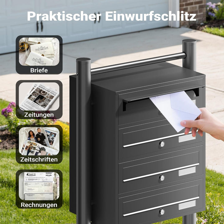 Wiltec 4er Briefkastenanlage schwarz 270 x 513 x 1500 mm, Standbriefkasten mit 4 Fächern, Schlüssel