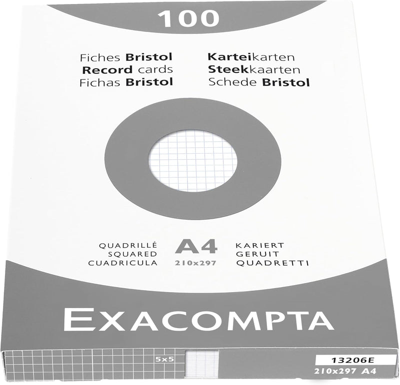 Exacompta 13206E Packung (mit 100 Karteikarten, ungelocht, DIN A4, 21 x 29,7 cm, 205 g, kariert, ide