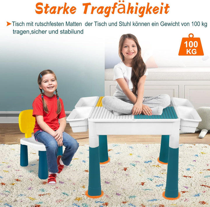 UISEBRT Kindertisch mit 2 Stühle Spieltisch mit 163 Stück Bausteine Multifunktionaler Aktivitätstisc