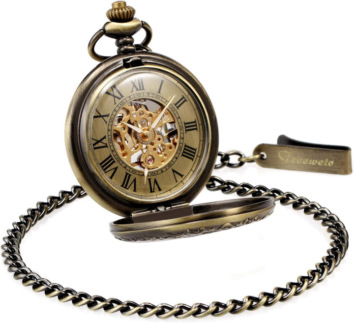 TREEWETO Mechanische Skelett-Taschenuhr für Herren und Damen, Bronze-Ausrüstung, hohles Gehäuse, Ste