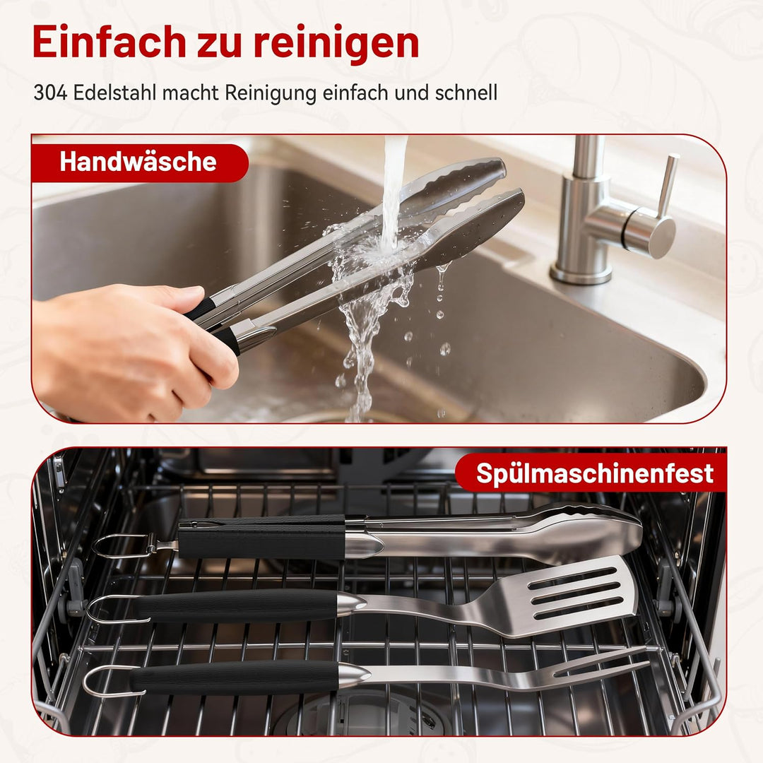 KEYO Kompakt Grillbesteck, 3-teilig aus Edelstahl, Bestehend aus Grillzange, Grillwender und Fleisch