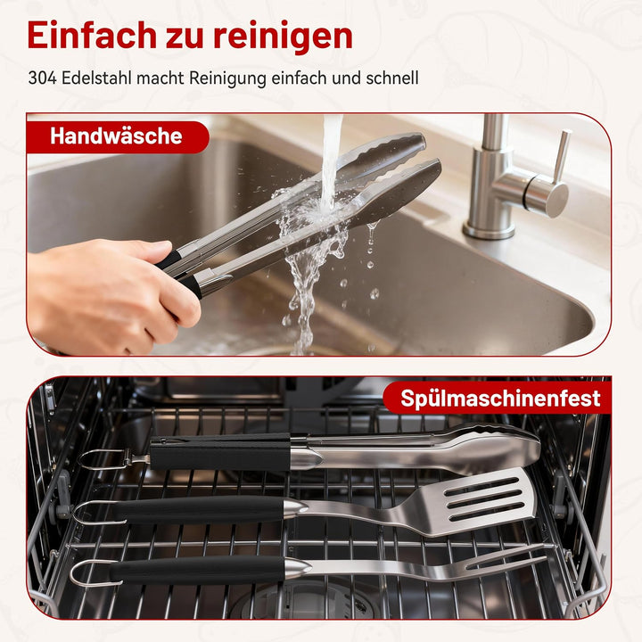 KEYO Kompakt Grillbesteck, 3-teilig aus Edelstahl, Bestehend aus Grillzange, Grillwender und Fleisch