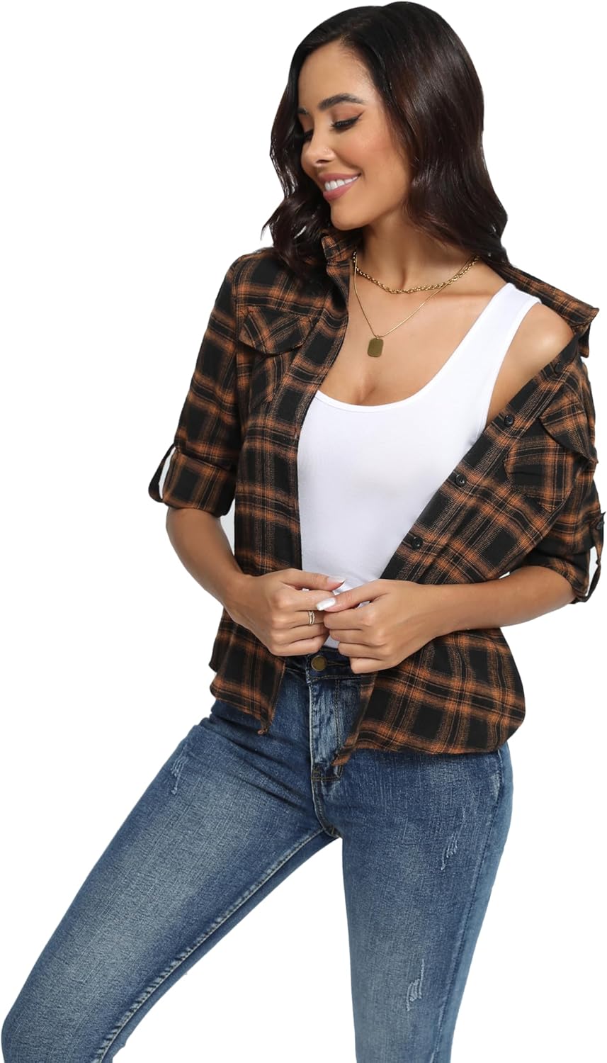 Yukiuiny Damen Karierte Bluse 100% Baumwolle Langarm Weiches Flanellhemd Casual Button-down Holzfäll