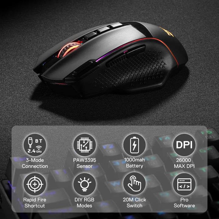 Redragon M991 kabellose Gaming-Maus, 19000 DPI kabelgebundene/drahtlose Maus mit Schnellfeuertaste,