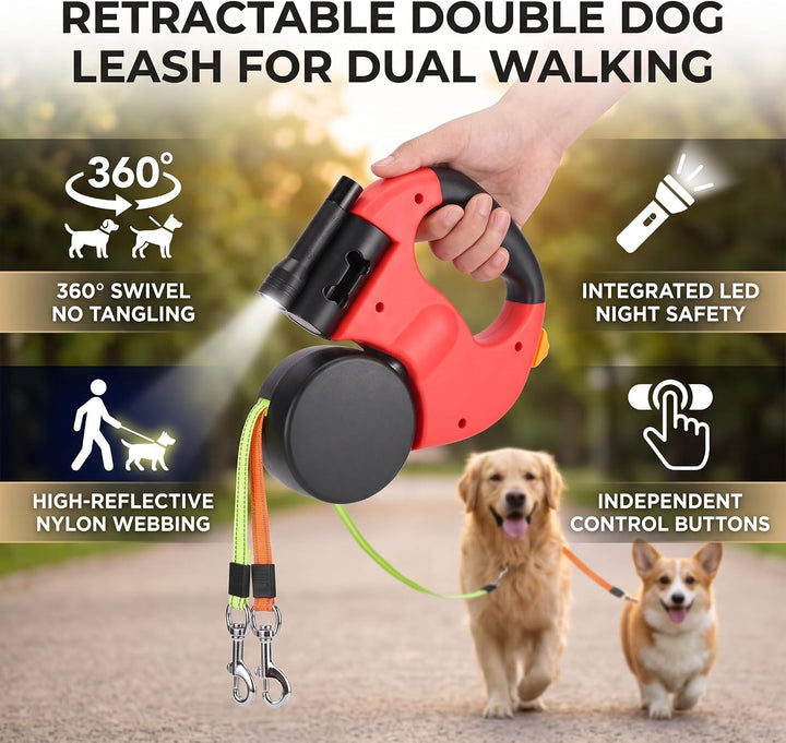 lyrlody Rollleine für Hunde, Leine für 2 Hunde, 360° Verwicklungsfreie Ausziehbare Leine mit LED-Leu