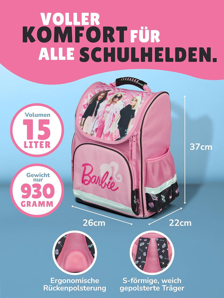 Familando - Schulranzen Set CLOU - 10-teilig mit Schultüte - Barbie - Ergonomisch, stabil & mit gepo