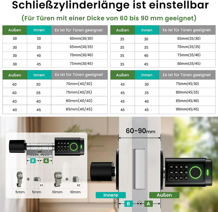 AVATTO Smart Türschloss mit Fingerabdruck und Passwort für 60-90mm Tür, Schliesszilinder Länge ist e