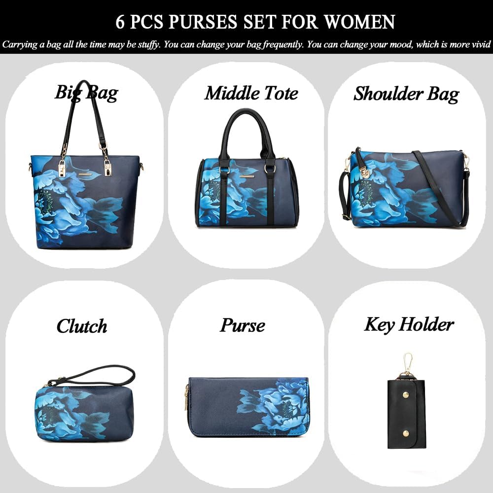 2E-youth Damen Set Tote Handtasche Umhängetasche Geldbörse Schwarz / Blau, Schwarz / Blau