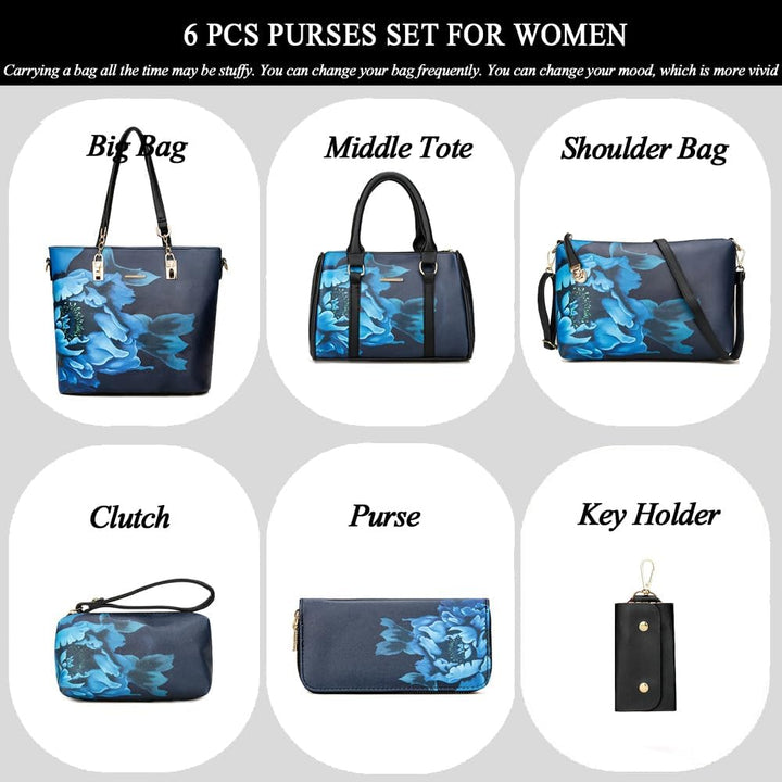 2E-youth Damen Set Tote Handtasche Umhängetasche Geldbörse Schwarz / Blau, Schwarz / Blau