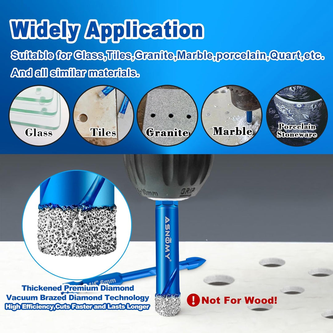 ASNOMY 6-tlg. Diamantbohrer Fliesenbohrer Glasbohrer Set [6, 6, 8, 10, 12mm] mit 6mm Karbid-Anbohrer