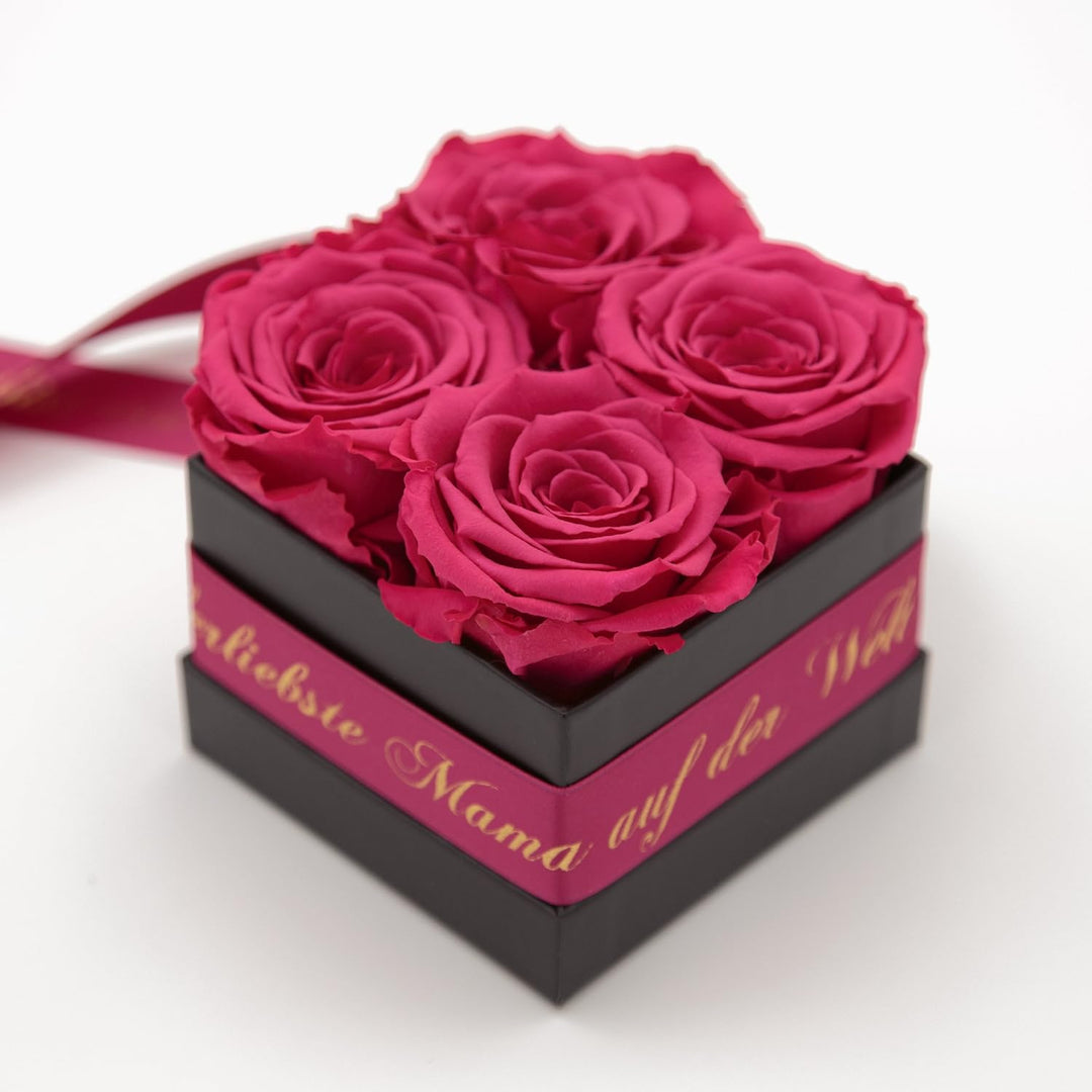 ROSEMARIE SCHULZ Heidelberg Flowerbox 8,5 x 8,5 cm 4 Infinity Rosen haltbar 3 Jahre Gravur Goldschri