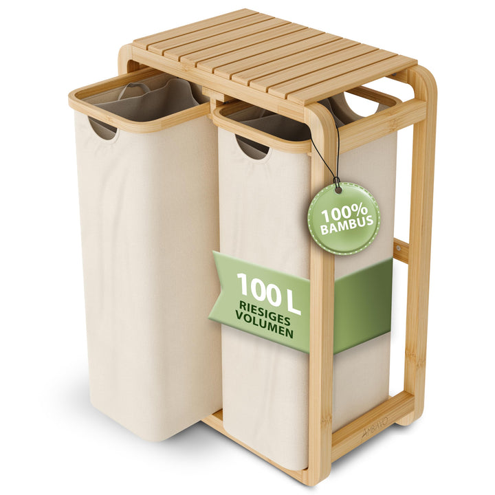 Wäschekorb 2 Fächer beige, schmal & 100 L Bambus · Wäschesammler mit Ablage · 50 L pro Fach · heraus