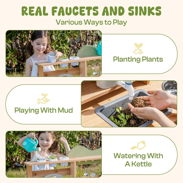ROBUD Matschküche Kinder Outdoor, Spielküche Holz mit Echtem Wasserhahn, Wasserkocher, Pflanzgefäss,