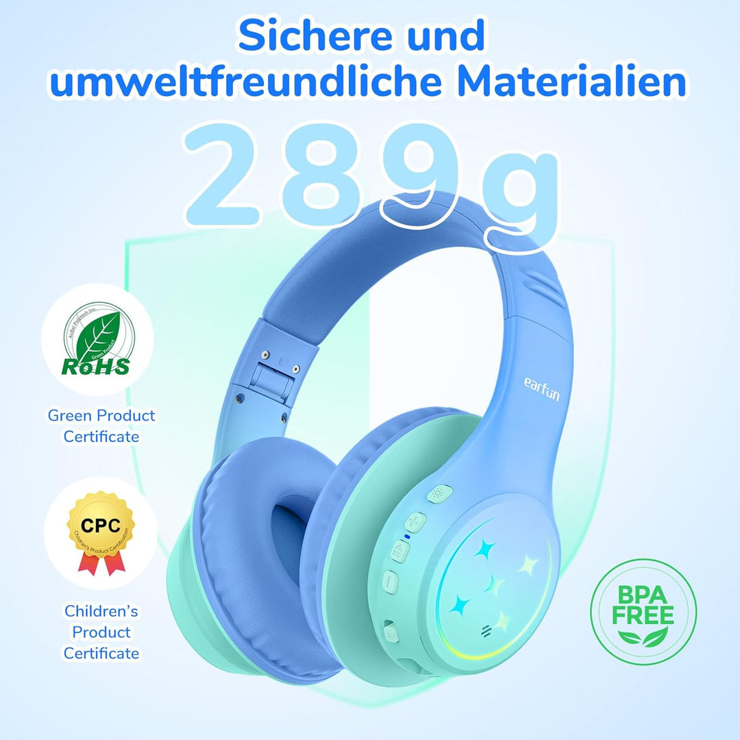 EarFun Bluetooth Kopfhörer Kinder, 5 LED Beleuchtungsmodi, und AUX Kabel | 74/85/94 dBA Lautstärkebe