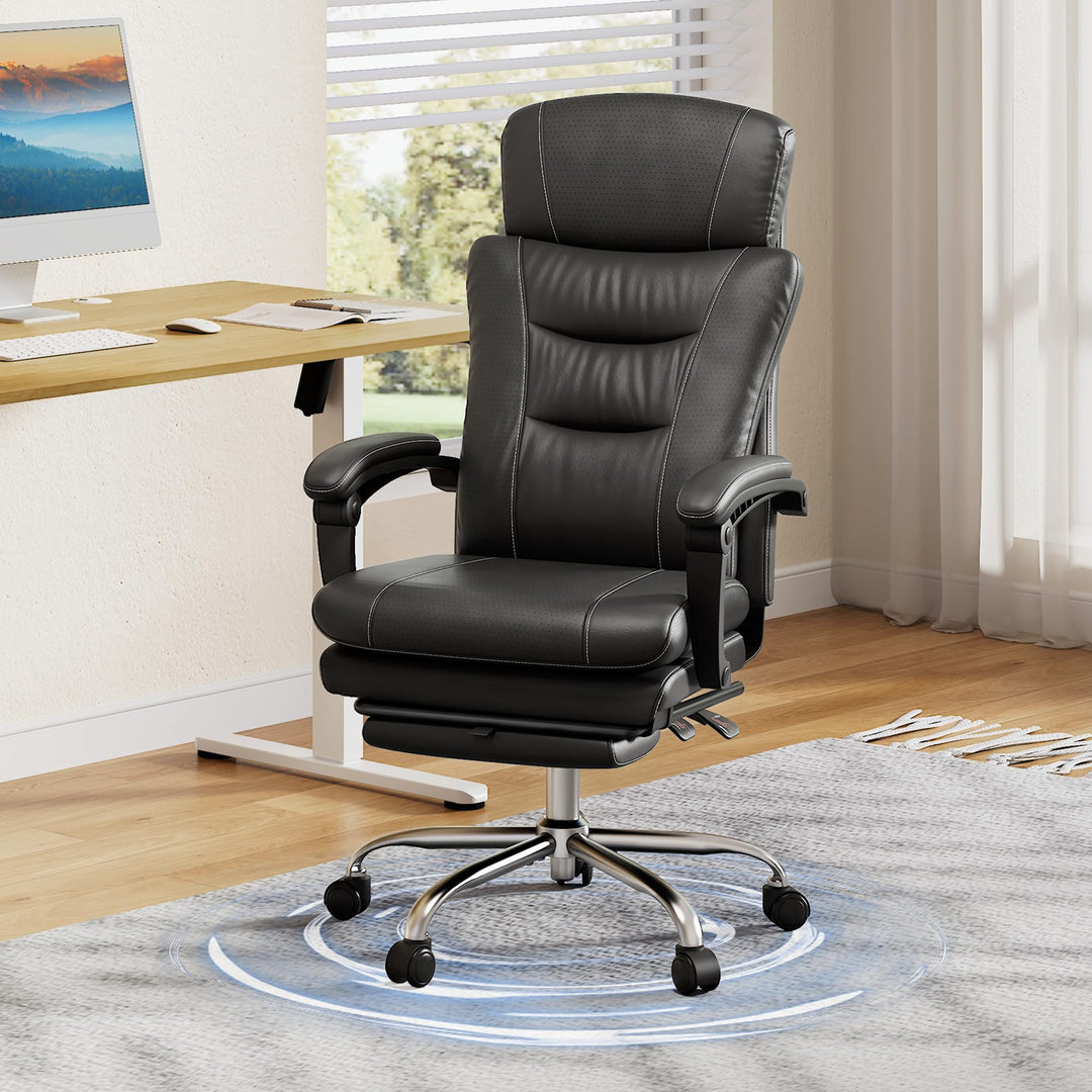 DEVAISE Chefsesse PU Leder, Bürostuhl Ergonomisch mit Fussstütze und Lendenwirbelstütze, Wippfunktio