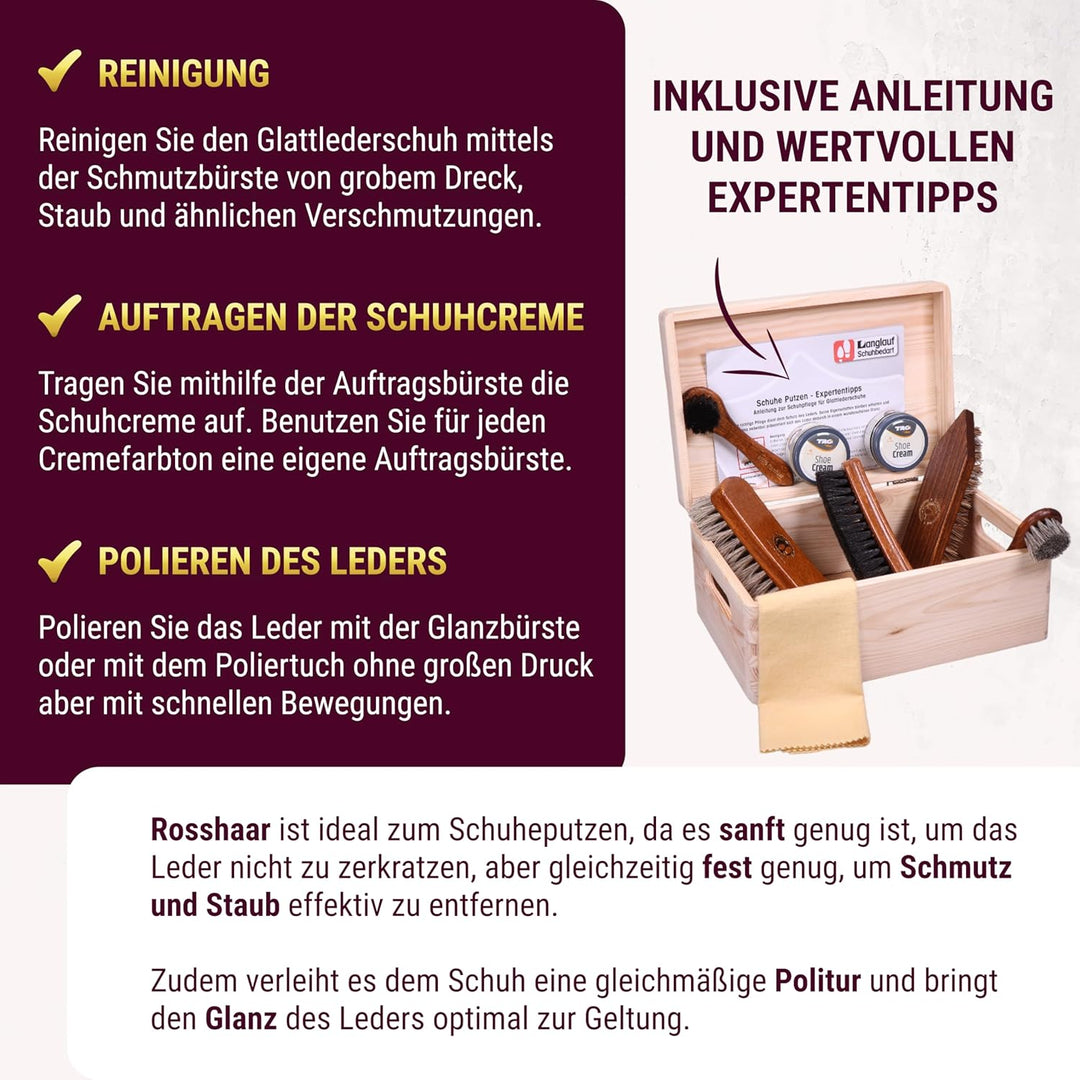 Schuhputzset Leder 9tlg Schuhputzkasten Milano I Rosshaar Schuhbürste -Tiegelbürste und extra weiche