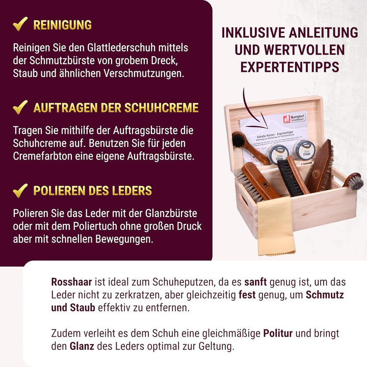 Schuhputzset Leder 9tlg Schuhputzkasten Milano I Rosshaar Schuhbürste -Tiegelbürste und extra weiche