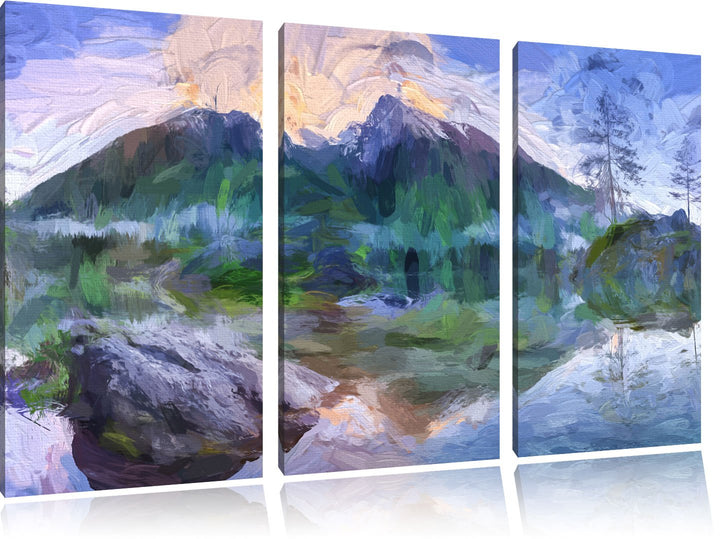 Pixxprint Sonnenaufgang am Hintersee Kunst / 3-Teilig/Gesamtmass 120cm Leinwandbild bespannt auf Hol