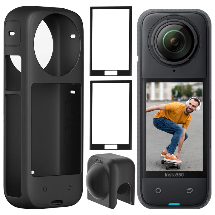 Semaiki Silikonhülle für insta360 X4,Silikonschutz mit Objektivdeckel und 2X Displayschutzfolien kom