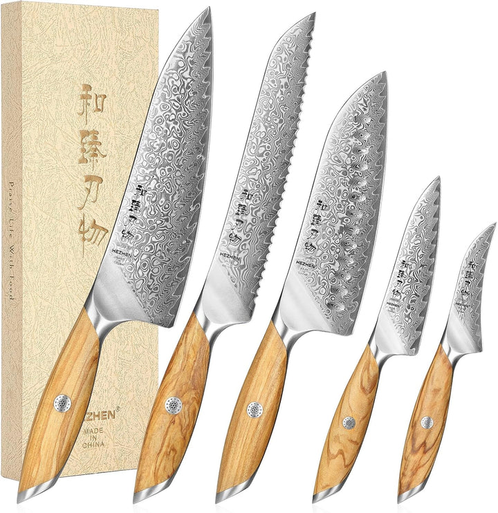 HEZHEN Damast Küchenmesser Set 5-Teilig, Professionelles Damaszener Stahl Kochmesser Set Santoku Mes
