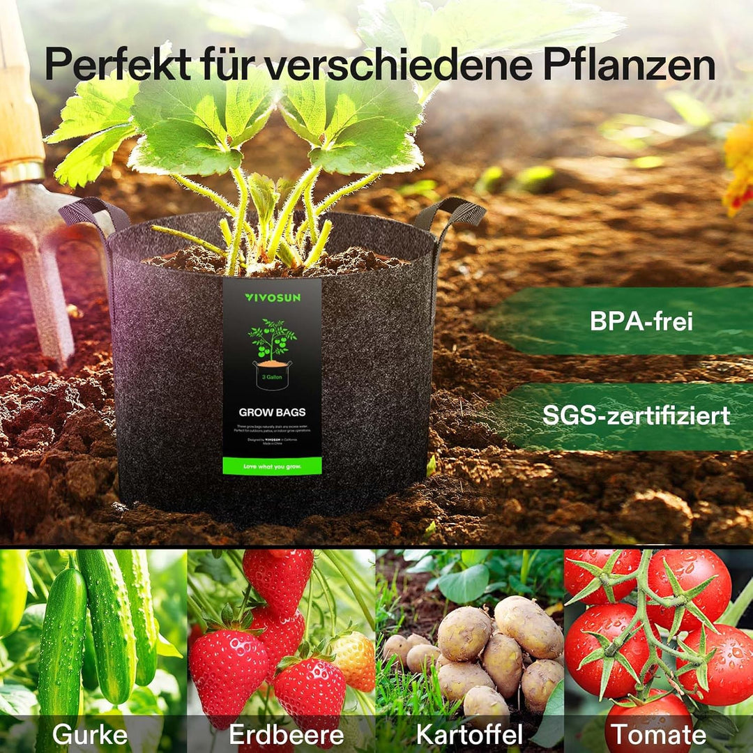 VIVOSUN 5er-Packung 12L hochbelastbare verdickte Stofftöpfe, Pflanzsack aus Vliesstoff mit Griffen f