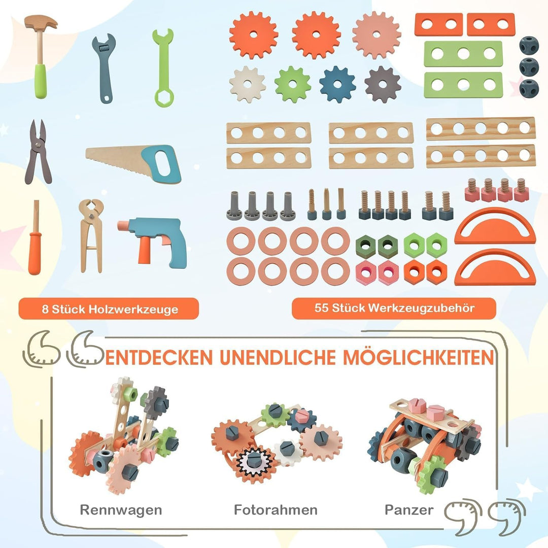 DREAMADE Werkbank Kinder, Werkzeugbank für Kinder aus Holz mit 63 Zubehör, Werkzeug Spielzeug Set mi