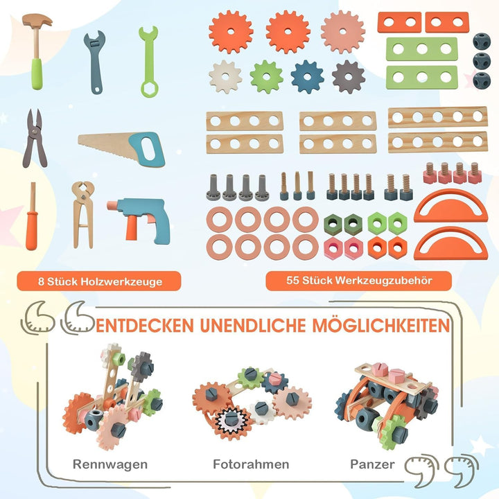 DREAMADE Werkbank Kinder, Werkzeugbank für Kinder aus Holz mit 63 Zubehör, Werkzeug Spielzeug Set mi