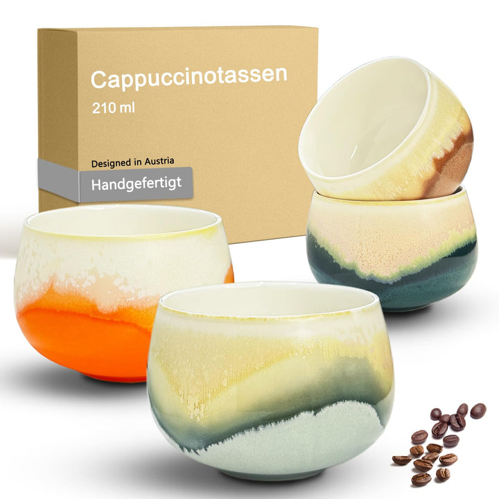 Cappuccinotassen SET 4x210ml-Weiss, Hochwertige Tassen aus Porzellan, Handgefertigte bunte Kaffeetas