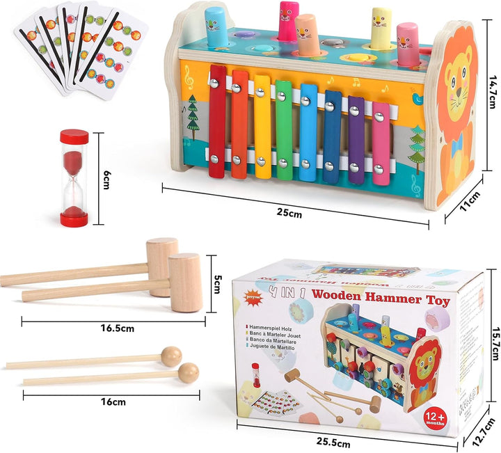 jerryvon Motorikspielzeug Montessori Spielzeug ab 1 Jahr, 4-in-1 Hammerspiel & Klopfbank mit Xylopho