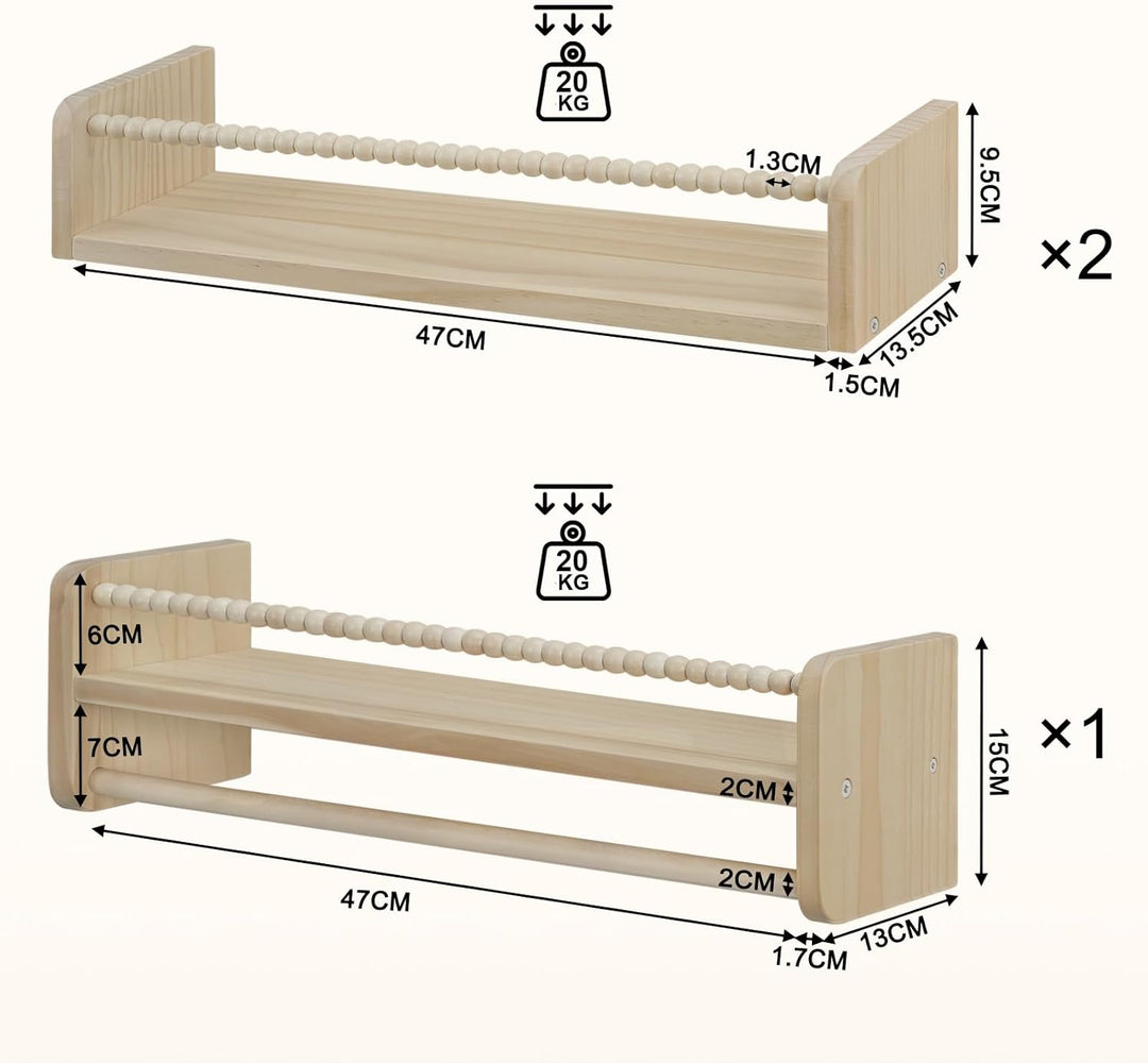 WOLTU 3er Set Kinder Bücherregal Wand, 50cm Wandregal Kinderzimmer, aus Massivholz, Hängeregal Schwe