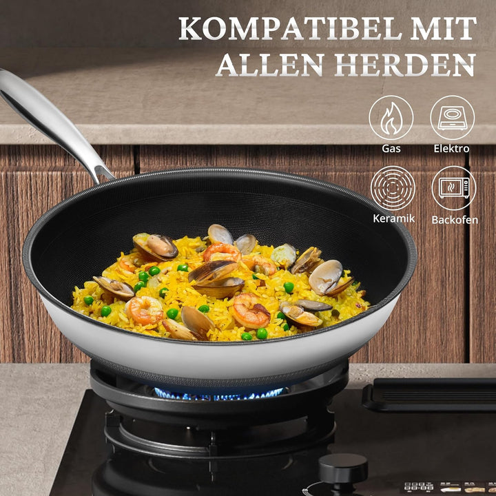 KOKHUB 30 cm Antihaft-Wok mit Deckel, Titan-Keramik-Edelstahl-Wokpfanne, grosse Kapazität für 3-5 Pe