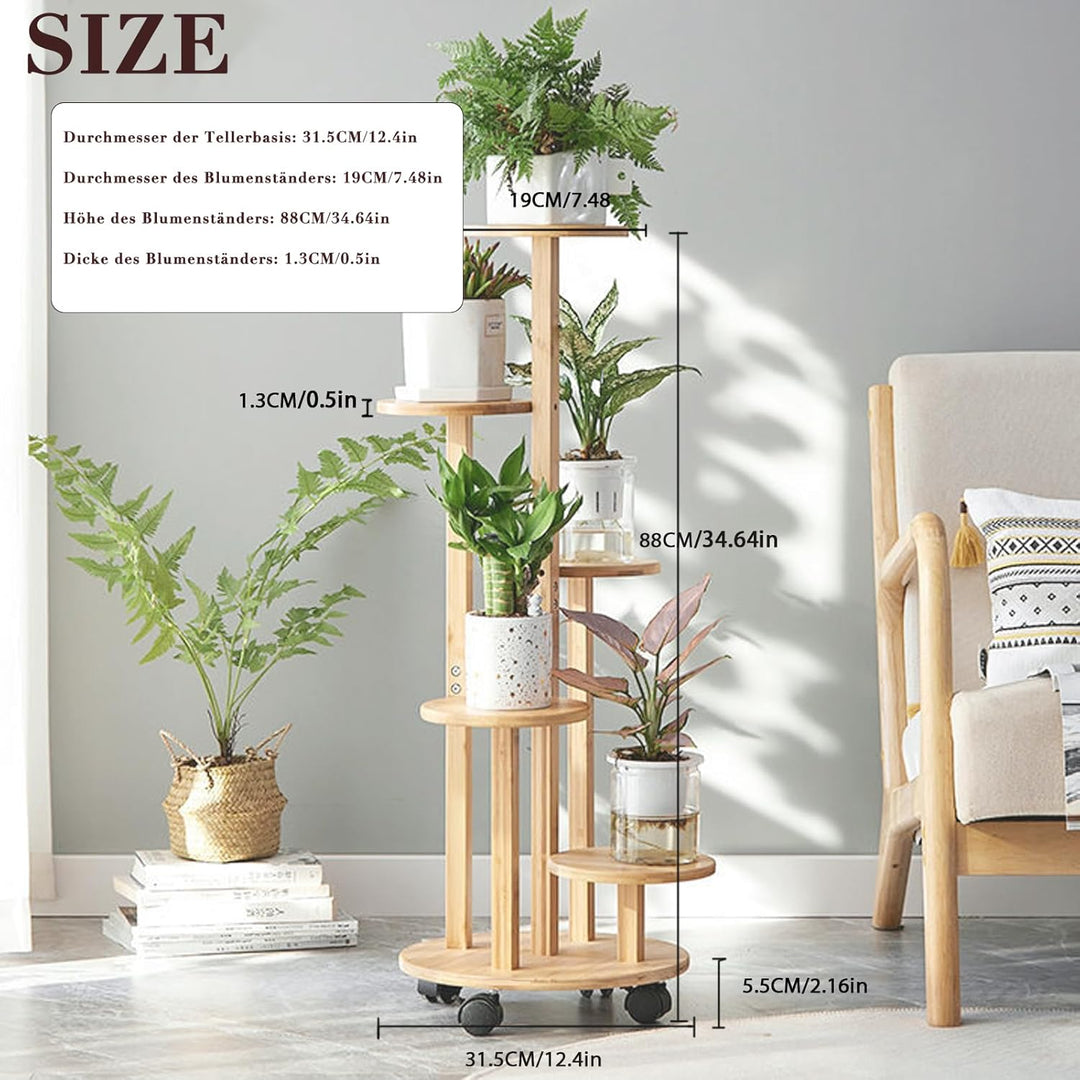 KEBMCHN Blumenständer Bambus mit Rollen, 5 Etagen Pflanzenständer Blumenregal Balkon,Chassis Ø31.5*O