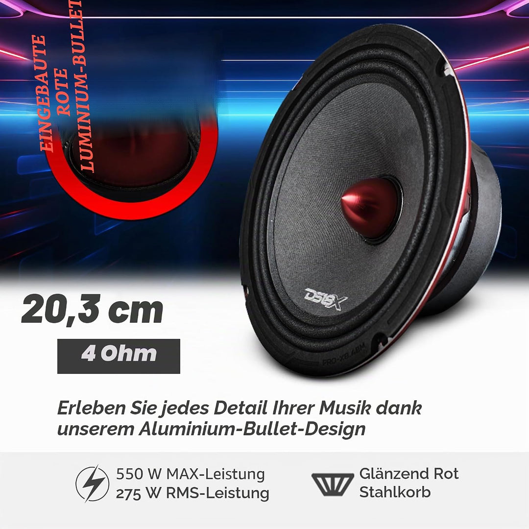 DS18 Car Midrange Speaker 8" Inch 600w Watt 8Ohm Bass Loudspeaker PRO-X8.4BM Bullet 4 Ohm 20,3 cm, B
