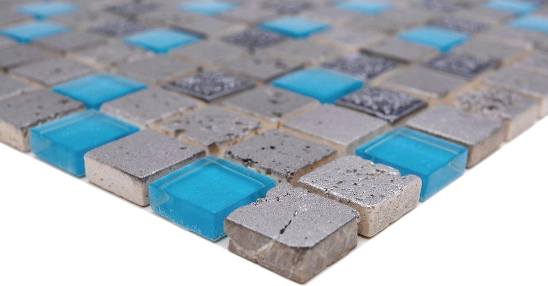 Glasmosaik Quadrat Crystal/Stein/Resin mix blau Rustikal, Mosaikstein Format: 23x23x8 mm, Bogengröss