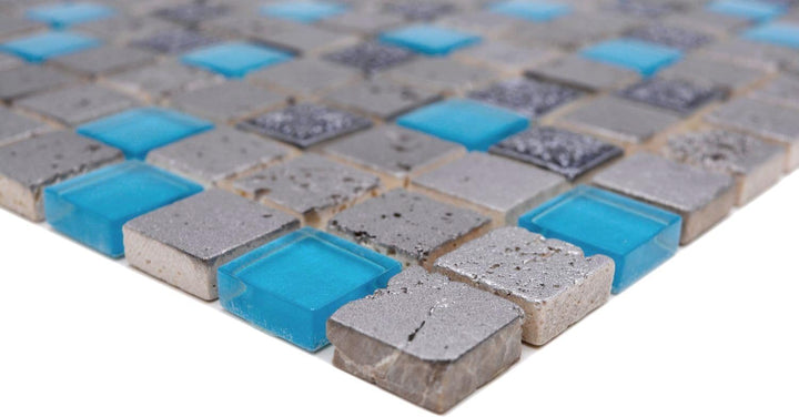 Glasmosaik Quadrat Crystal/Stein/Resin mix blau Rustikal, Mosaikstein Format: 23x23x8 mm, Bogengröss