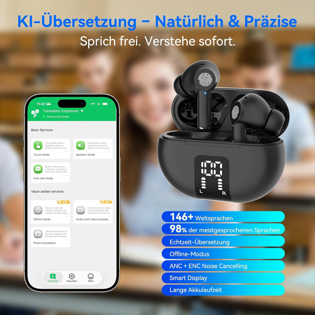 SKARA AI Sprachübersetzer Kopfhörer 3-in-1, Echtzeit Übersetzer Ohrhörer mit ENC Mikrofon & App, 146