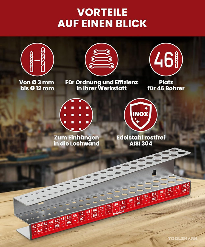 Bohrerhalter leer, aus Edelstahl rostfrei - Organizer für 46 Bohrer, für Lochwand mit Quadratlochung