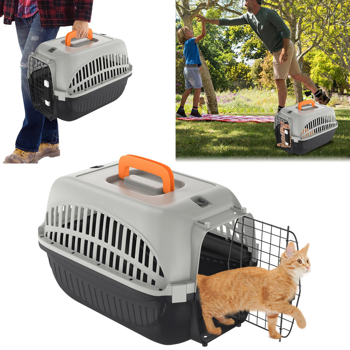 Froadp Pet Transportbox Schwarz + Grau, Katzentransportbox mit Metalltür, Transportbox Hund aus PP-K
