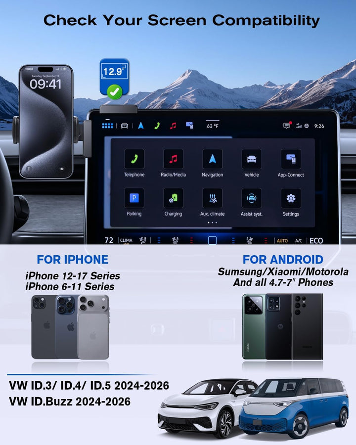 Handyhalterung für VW 12,9 Zoll Display, ID.3, ID.4, ID5, ID.Buzz 2024-2026 Mini Handyhalter für iPh