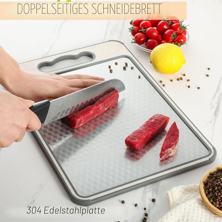 Doppelseitiges Schneidebrett für die Küche, 304 Edelstahl und Weizenstroh Schneidebrett für Fleisch,