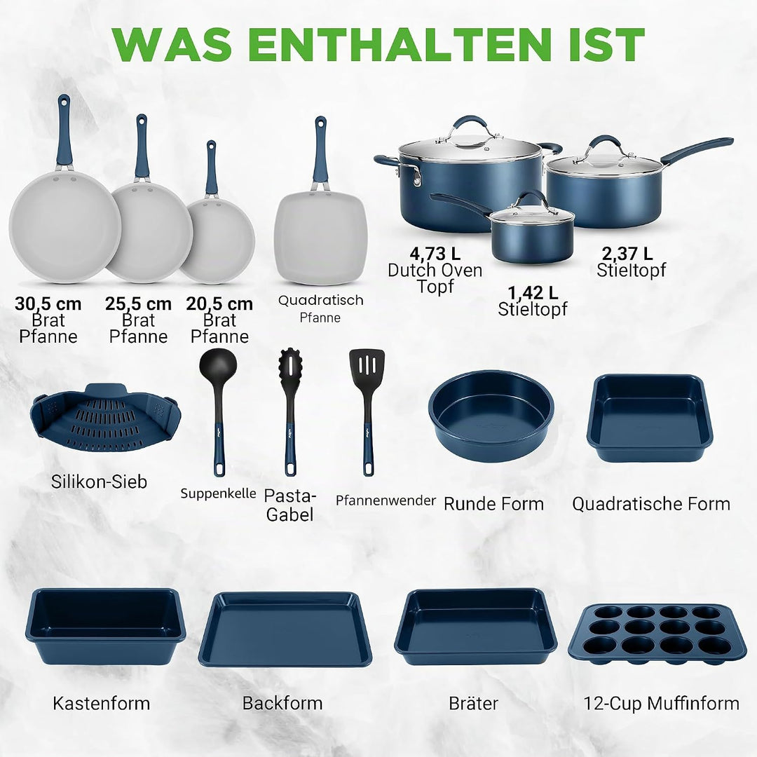 NutriChef Topf- und Pfannenset Induktion 20-teilig Marineblau – Antihaft-Kochgeschirr mit Deckeln un