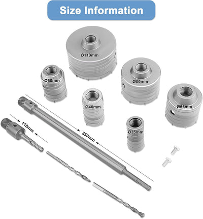 10tlg TCT Kernbohrersatz, 110mm Kernbohrer Beton Bohrkronen Set mit Führungsbohrer 350mm Schaft 300m