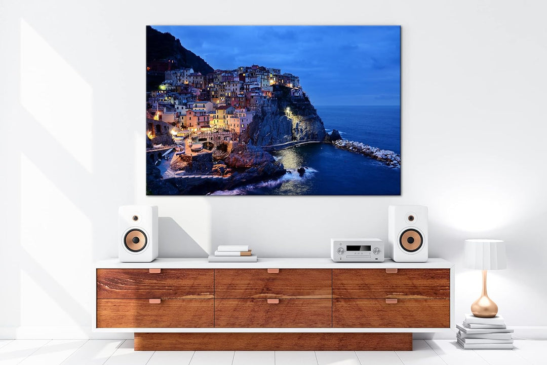 deyoli Cinque Terre Küstenstreifen in Italien bei Nacht im Format: 80x60 als Leinwandbild, Motiv fer
