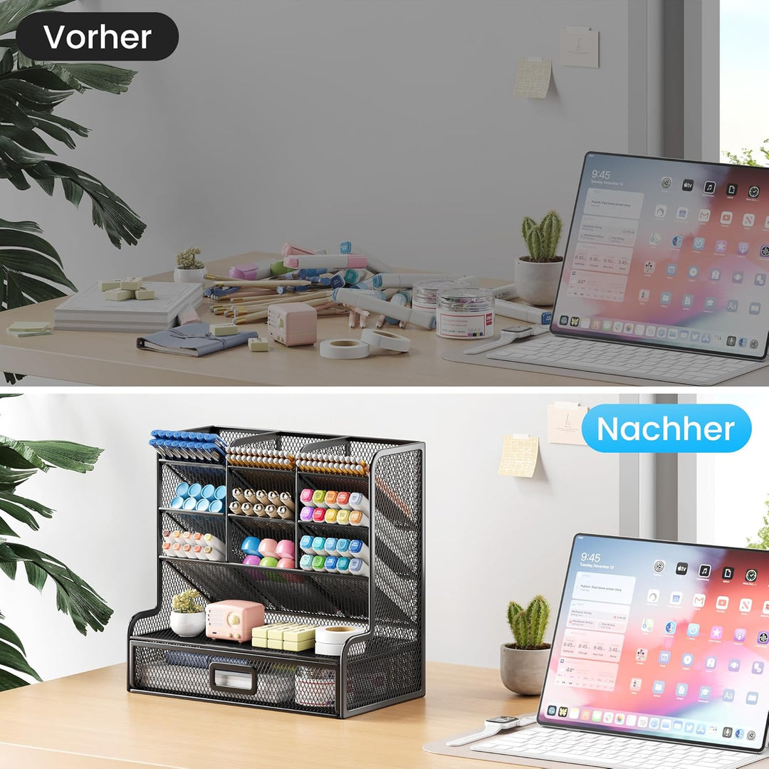 VITVITI Schreibtisch Organizer, 9 Fächer Stiftehalter mit Schublade, Netz Stifte Regal aus Metall, S