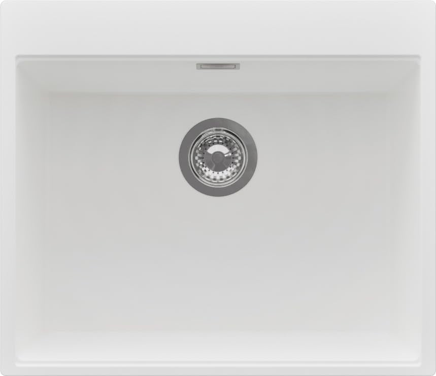 PRIMAGRAN Granitspüle Weiss 58x50cm, Granitspüle 1 Becken + Ablauf-Set, Küchenspüle ab 60er Untersch