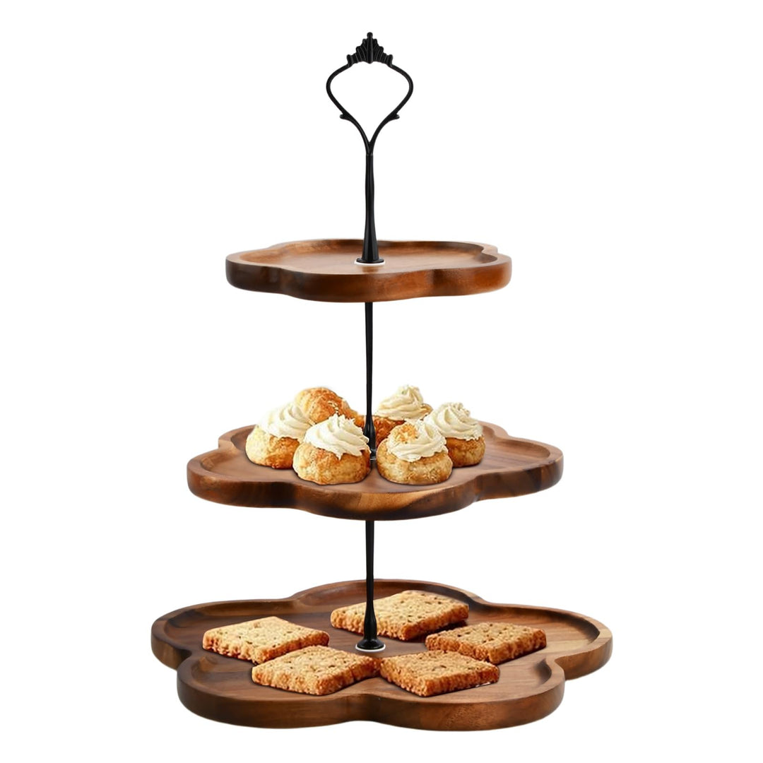 Etagere 3 Etagen Holz, Tortenständer 3 Stöckig, Cupcake Ständer mit Metallgriff, Kuchenständer, Serv
