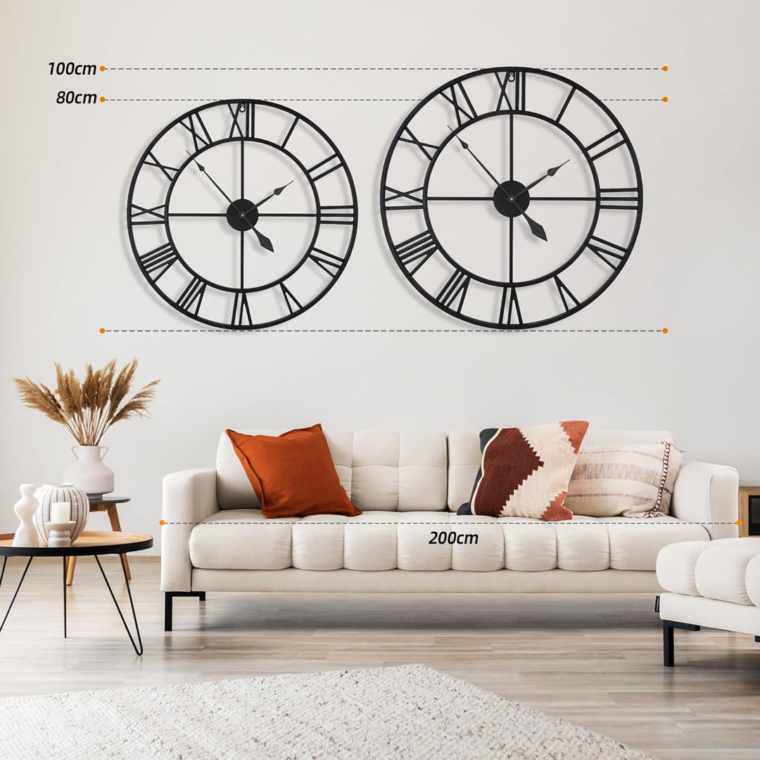 HAITANG 80cm grosse Wanduhr, übergross modernes rundes, schwarz Metall geräuschlos, Fast Nicht ticke