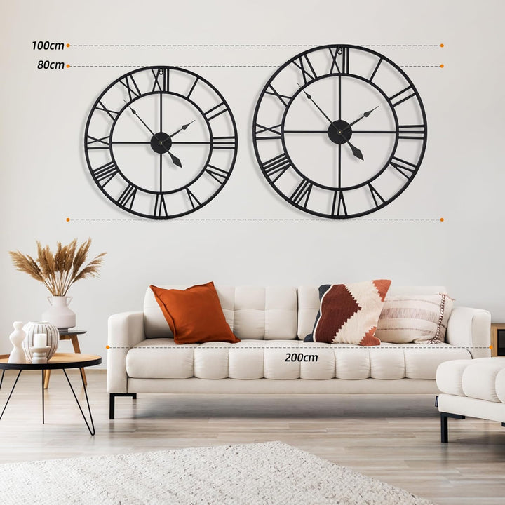 HAITANG 80cm grosse Wanduhr, übergross modernes rundes, schwarz Metall geräuschlos, Fast Nicht ticke